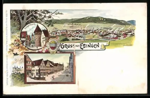 Lithographie Ebingen, Totalansicht, Strassenpartie mit Denkmal und Bürgerthurm