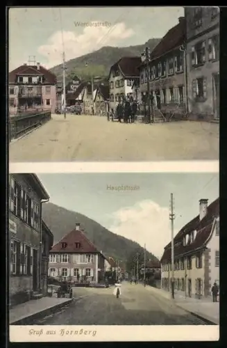 AK Hornberg /Schwarzwald, Hauptstrasse und Werderstrasse mit Hotel-Pension Sonne