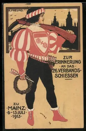 Künstler-AK sign. A. Freund: Mainz, 26. Verbandsschiessen 1913, Schütze mit Armbrust