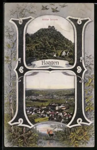 AK Lörrach-Haagen, Buchstabe H wie Haagen, Ortsansicht von oben, Röttler Schloss