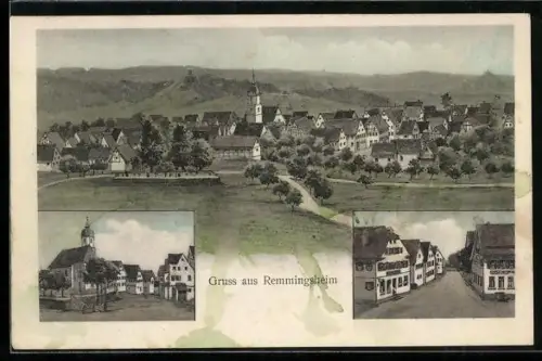 AK Remmingsheim, Strassenpartie mit Geschäft A. Hauser und Gasthof, Kirche, Totalansicht