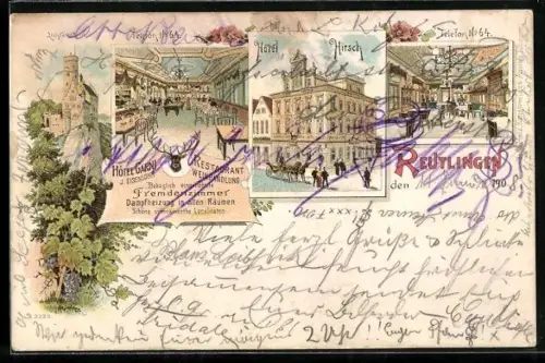 Lithographie Reutlingen, Hotel Hirsch, Bes. J. Eisenlohr, Burg Lichtenstein