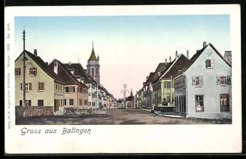 Goldfenster-AK Balingen, Strassenmotiv gegen die Kirche