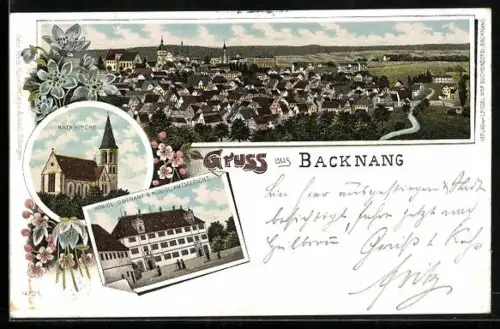 Lithographie Backnang, Königl. Oberamt und Amtsgericht, Kath. Kirche, Totalansicht