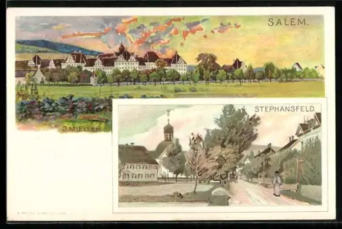 Lithographie Salem, Totalansicht, Strassenpartie in Stephansfeld