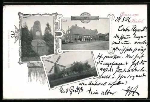 AK Rabel, Bahnhof, Denkmal und Mühle