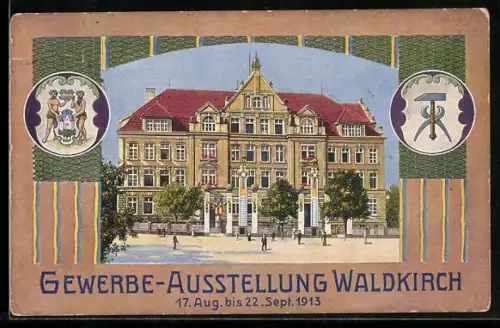 AK Waldkirch / Breisgau, Gewerbe-Ausstellung 1913, Ausstellungsgebäude, Wappen
