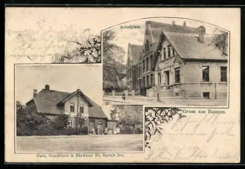 AK Bassum, Schulplatz, Café-Conditorei und Bäckerei Fr. Sprick jun.