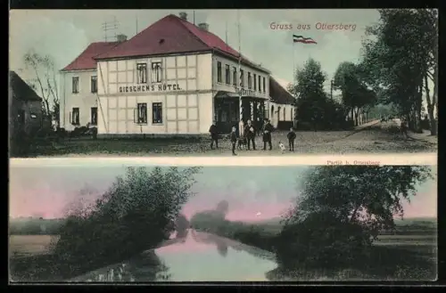 AK Ottersberg, Gieschens Hotel mit Famile auf der Strasse, Flusspartie