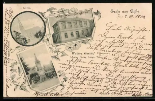 AK Syke, Wolters Gasthof, Inh. Georg Lange, Kirche und Krieger-Denkmal