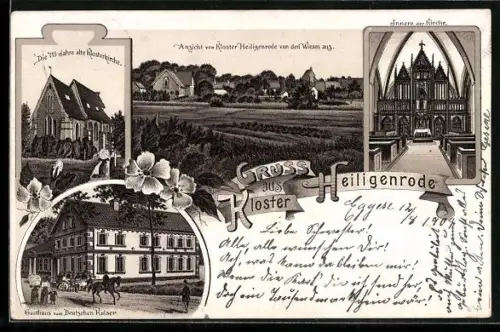 Lithographie Kloster Heiligenrode, Gasthaus Zum deutschen Kaiser, Die 715. jahre alte Klosterkirche, Innere der Kirche