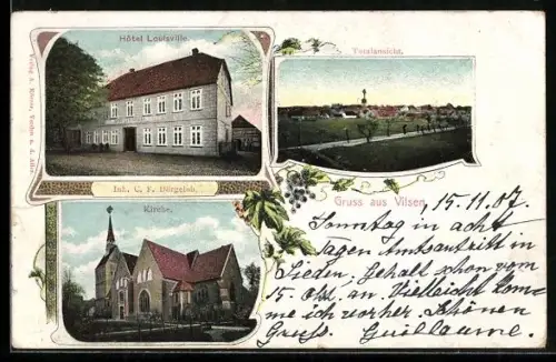 AK Vilsen, Hotel Louisville, Inh. C. F. Dörgeloh, Kirche, Totalansicht