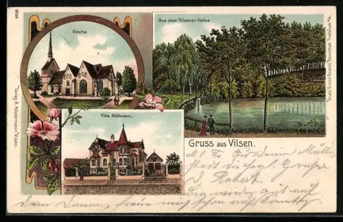 Lithographie Vilsen, Villa Möllmann, Aus dem Vilsener Holze, Kirche