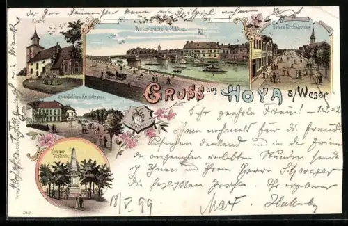 Lithographie Hoya a. Weser, Ratskeller und Kirchstrasse, Weserbrücke und Schloss