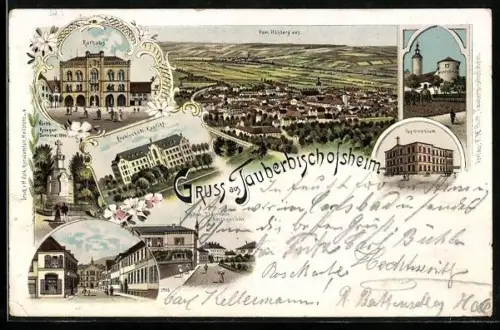 Lithographie Tauberbischofsheim, Ortsansicht vom Höhberg aus, Rathaus, Kriegerdenkmal und Konvikt