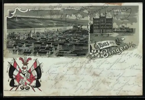 Mondschein-Lithographie Bingen a. Rh., Technikum, Totalansicht und Wappen