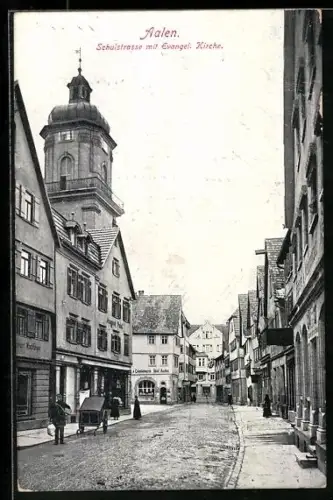 AK Aalen, Schulstrasse mit Evang. Kirche, Kolonialwarengeschäft Adolf Auchter