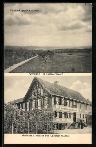 AK Schwann im Schwarzwald, Gasthaus zum Ochsen, Bes. Christian Wagner und Fernblick gen Karlsruhe