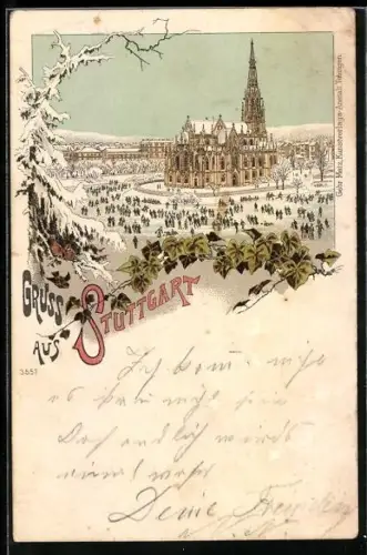 Winter-Lithographie Stuttgart, Teilansicht mit Kirche