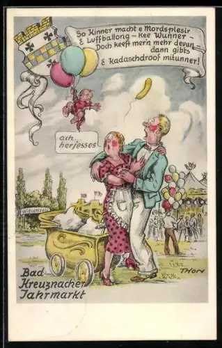 Künstler-AK sign. Thon: Bad-Kreuznach, Kind fliegt den Eltern auf dem Bad-Kreuznacher Jahrmarkt an Luftballons davon