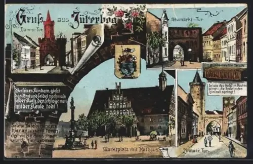 Lithographie Jüterbog, Damm-Tor, Neumarkt-Tor, Marktplatz mit Rathaus