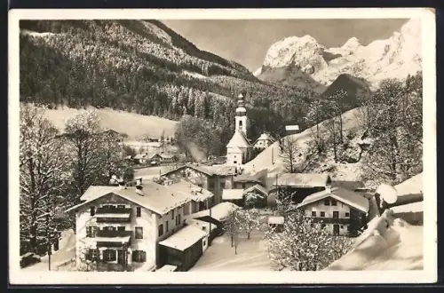 AK Ramsau, Winteransicht mit Kirche und verschneiten Häusern