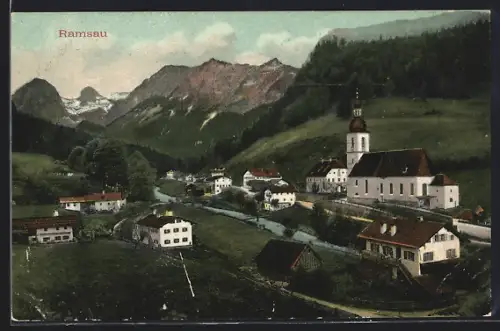 AK Ramsau, Ortsansicht mit Kirche und Gebirge
