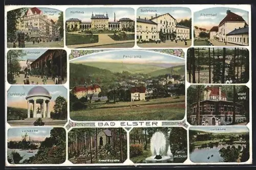 AK Bad Elster, Kurhaus, Badehaus, Albertbad, Luisasee, Floratempel, Panorama, Kolonnade, Waldcafé