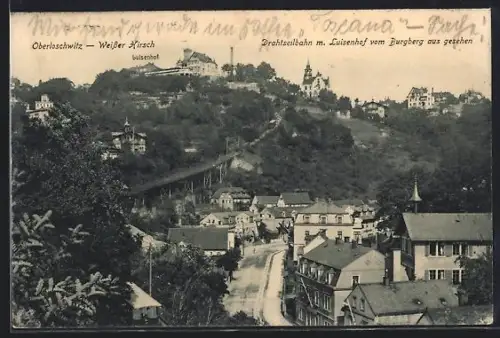 AK Dresden-Weisser Hirsch, Drahtseilbahn mit Luisenhof, Blick vom Burgberg