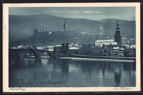 AK Heidelberg, Alte Brücke, Schloss, im Winter