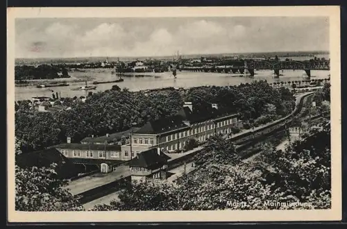 AK Mainz, Mainmündung, Eisenbahn, Brücke