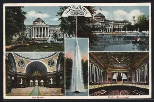 AK Wiesbaden, Kurhaus, Wandelhalle, Grosser Konzertsaal, Brunnen