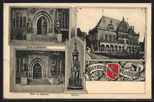 AK Bremen, Rathaus, Roland, Ritter am Westportal, Ritter am Ostportal