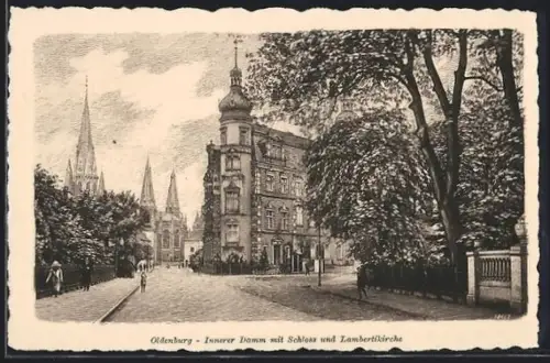 AK Oldenburg, Innerer Damm mit Schloss und Lambertikirche