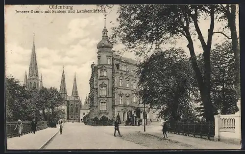 AK Oldenburg, Innerer Damm mit Schloss und Lambertikirche
