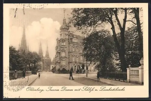 AK Oldenburg, Innerer Damm mit Schloss und Lambertikirche