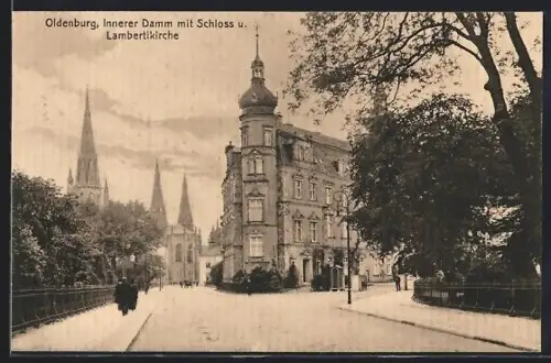 AK Oldenburg, Innerer Damm mit Schloss und Lambertkirche