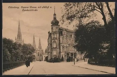 AK Oldenburg, Innerer Damm mit Schloss und Lambertikirche