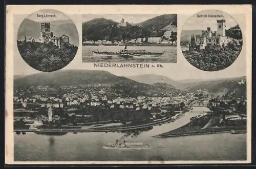 AK Niederlahnstein a. Rh., Panorama mit Burg Lahneck, Schloss Stolzenfels