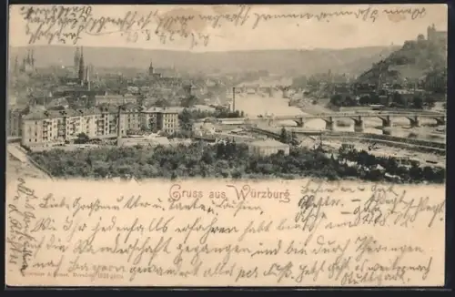 AK Würzburg, Stadtpanorama mit Mainbrücken und Festung Marienberg