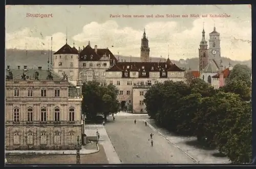 AK Stuttgart, Partie beim neuen und alten Schloss mit Blick auf Stiftskirche