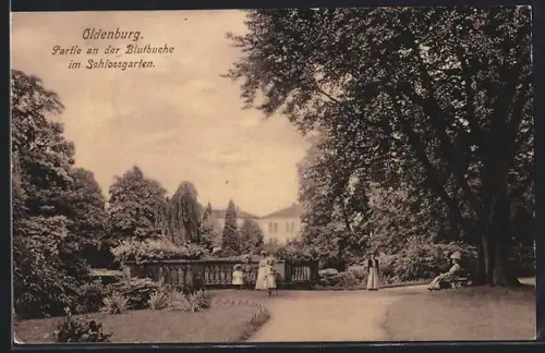 AK Oldenburg, Partie an der Blutbuche im Schlossgarten