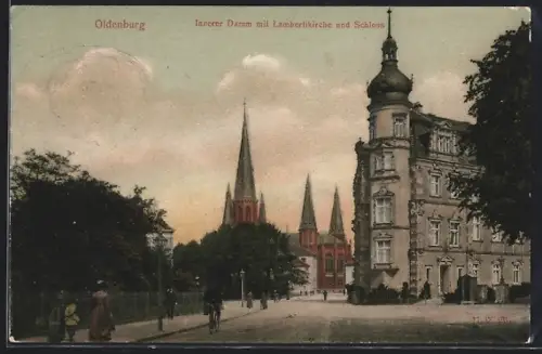 AK Oldenburg, Innerer Damm mit Lambertikirche und Schloss