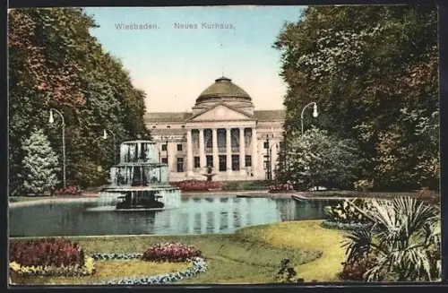 AK Wiesbaden, Neues Kurhaus, Park, Brunnen