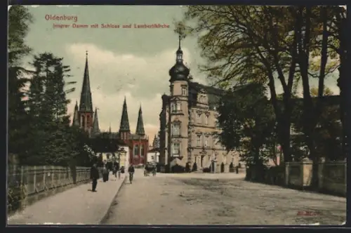 AK Oldenburg, Innerer Damm mit Schloss und Lambertikirche
