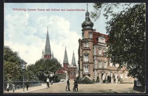 AK Oldenburg, Innerer Damm mit Schloss und Lambertikirche
