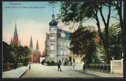 AK Oldenburg, Innerer Damm mit Schloss und Lambertkirche