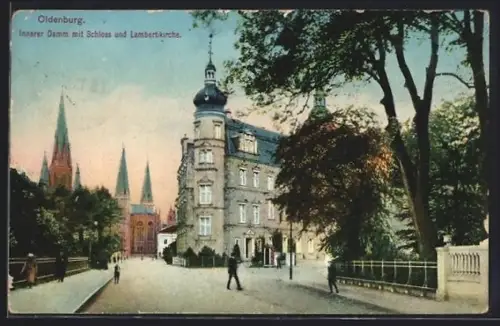 AK Oldenburg, Innerer Damm mit Schloss und Lambertikirche