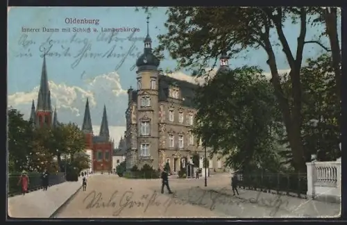 AK Oldenburg, Innerer Damm mit Schloss und Lambertikirche