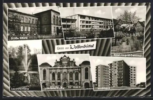 AK Wolfenbüttel, Grosse Schule, Ingenieurschule, Ernst-August-Denkmal, Leuchtfontäne, Trinitatis-Kirche, Hochhaus